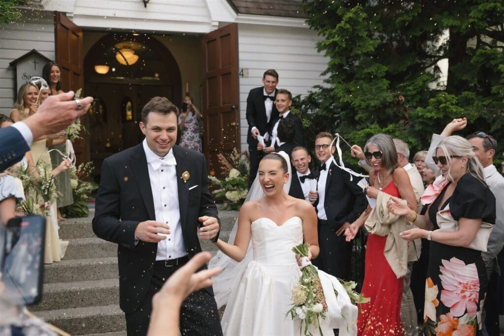 Rice toss exit after a Catholic church ceremony in Washington State