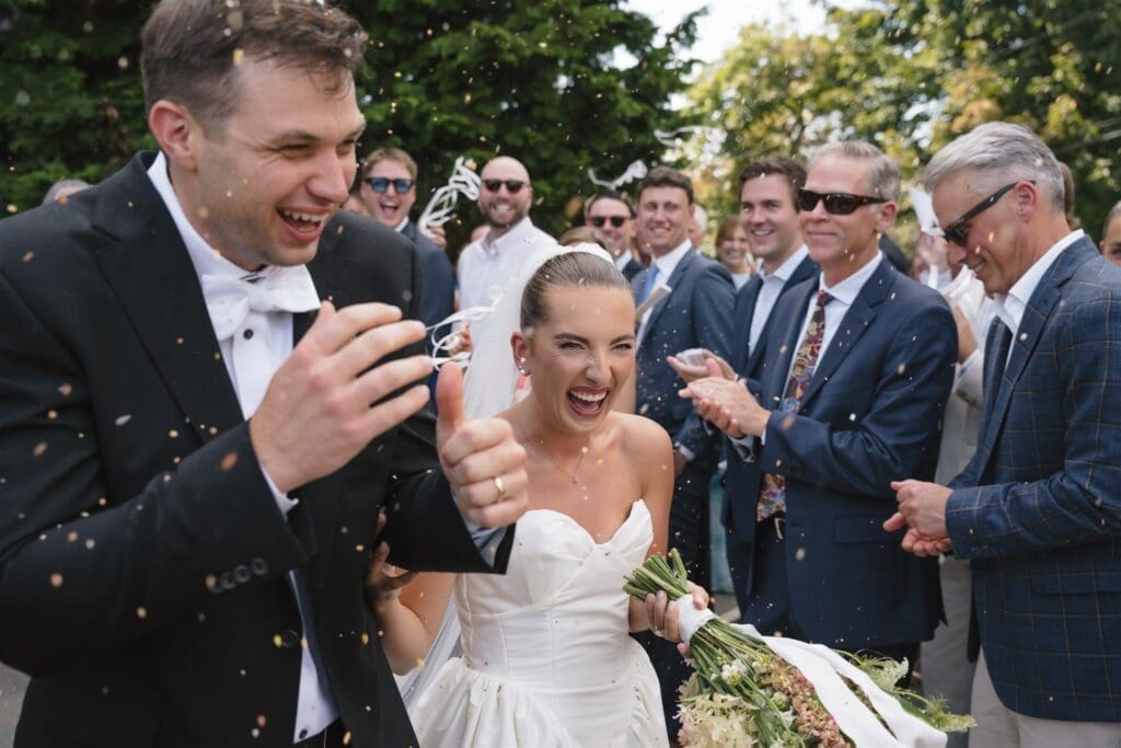 Rice toss exit after a Catholic church ceremony in Washington State