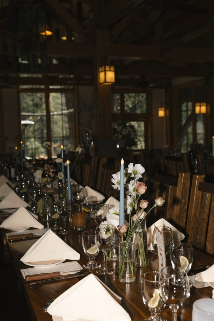 Indoor wedding reception details and table decor