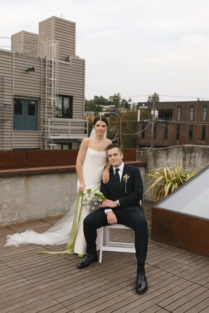 Bride and groom photos on the rooftop of Fremont Foundry