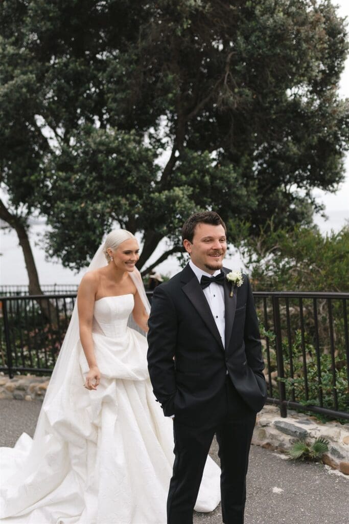 First look moments between bride and groom at Occasions at Laguna Village