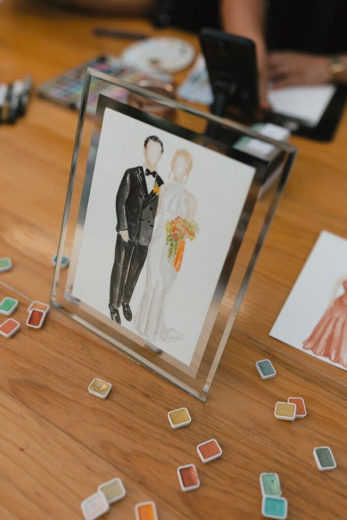 Painting of bride and groom in a frame