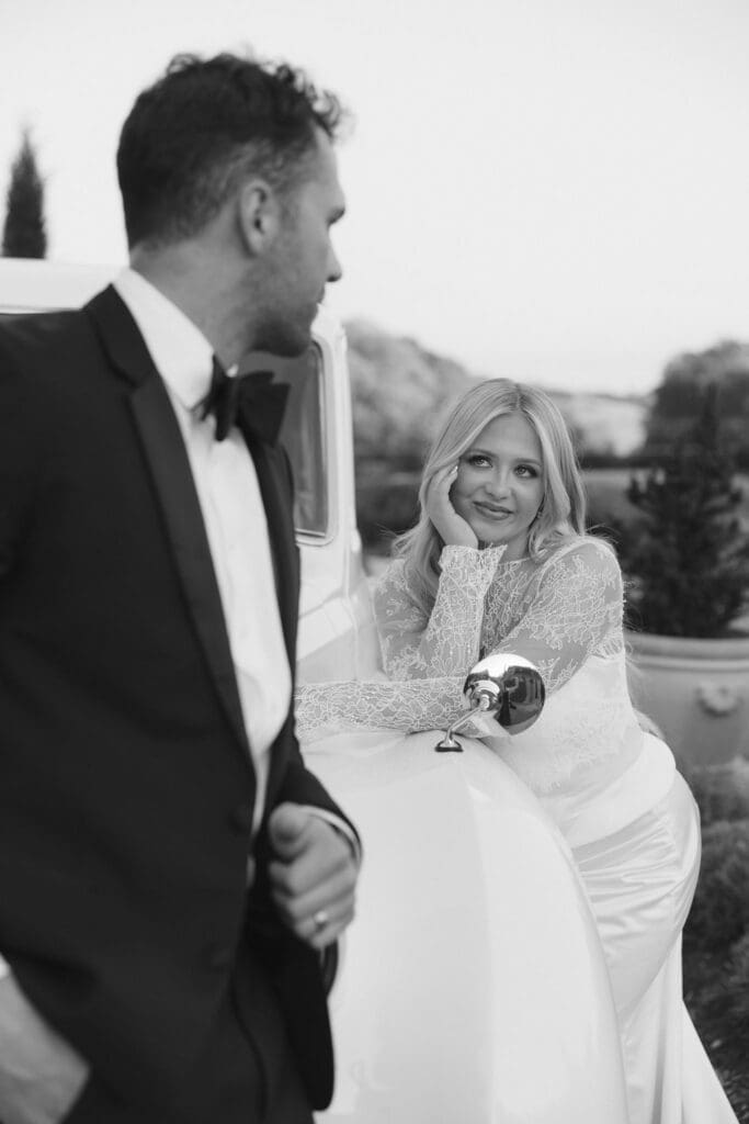 Bride and groom spring wedding portraits in Chattanooga with an old car