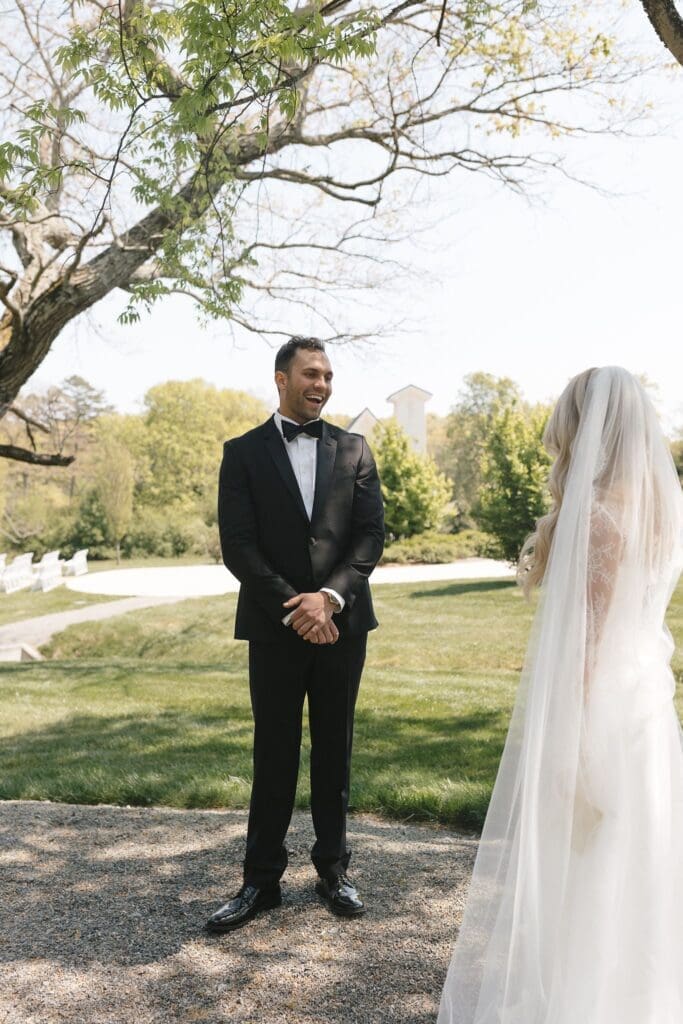 Bride and groom first look outside of Howe Farms in Tennessee