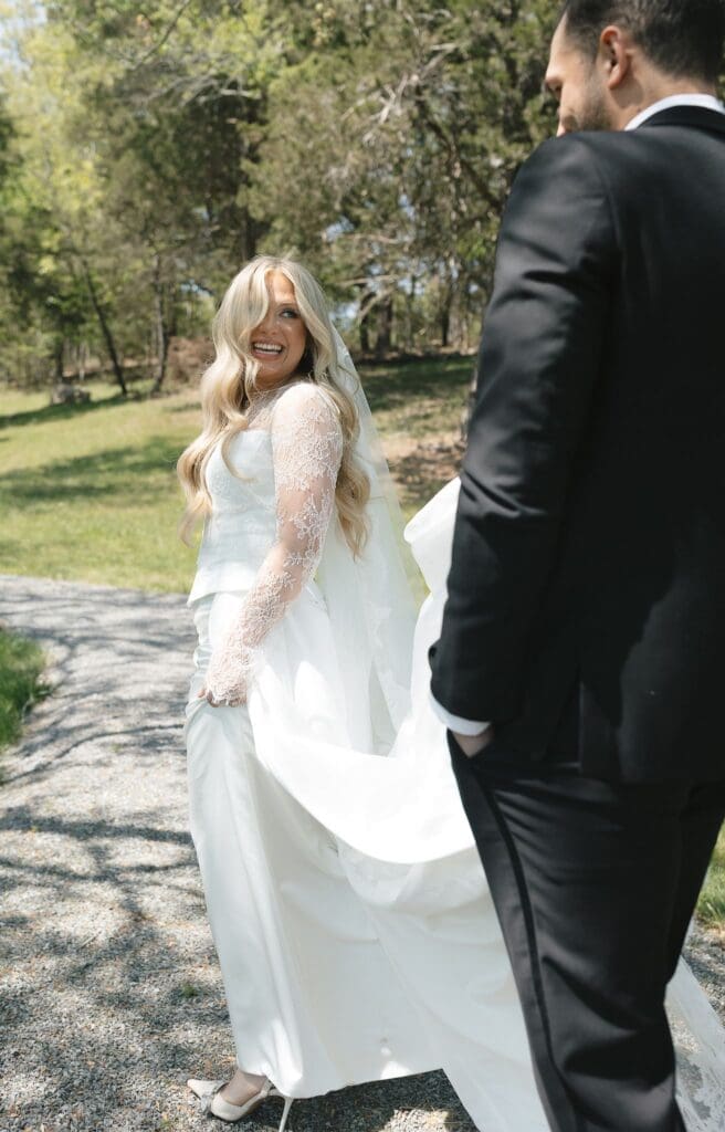 Bride and groom first look outside of Howe Farms in Tennessee