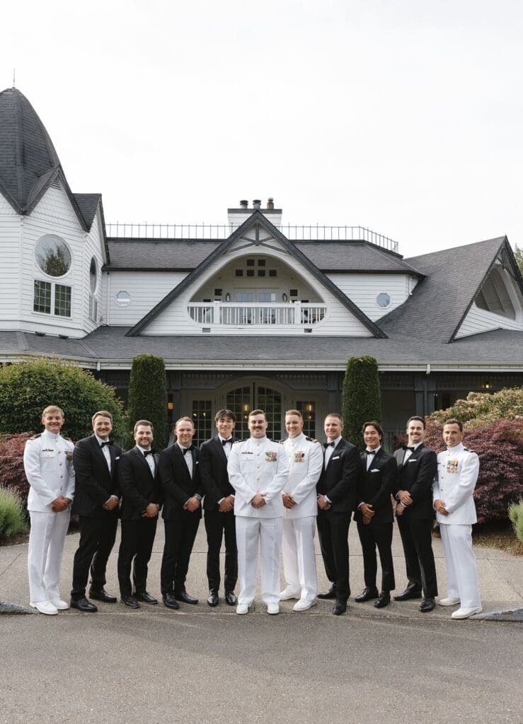 Groom and groomsmen stand outside of Columbia Collective in Woodinville